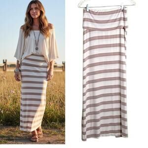 Calvin Klein Boho Chic Striped Maxi Skirt XS Tan & White Stretch Knit Pull on